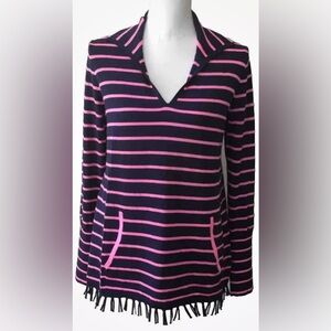 Lilly Pulitzer Navy Blue and Pink Striped Sweater V Neck Fringe Pocket Size Sm